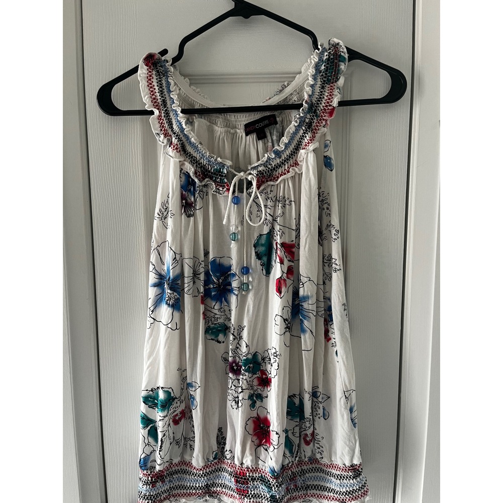 Candy Couture Floral Smocked Boho‎ Tank Top White Blue Red Beaded Tie L/G